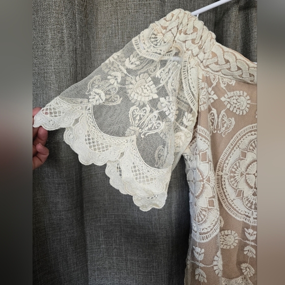 Jens Pirate Booty Womens Blouse Ivory Short Sleeve Lined Embroidered Lace Boho S - Picture 2 of 6